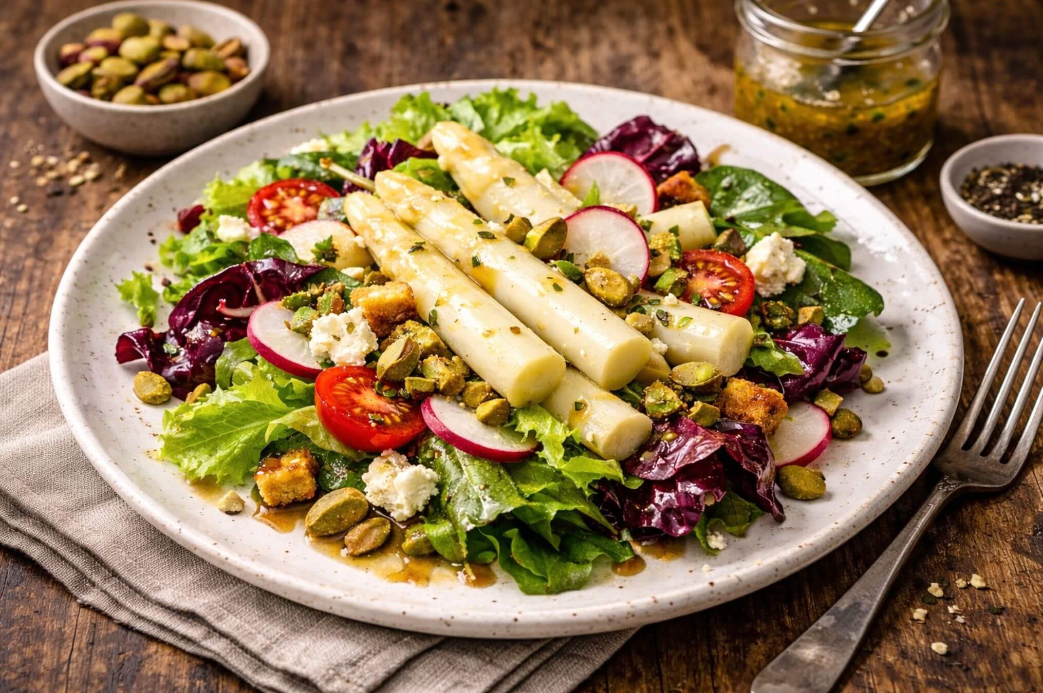 Receta Dantza Ensalada gourmet con espárragos y pistachos