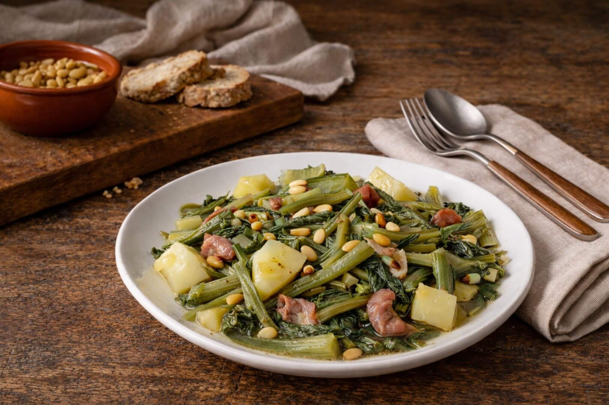 Receta Dantza Borraja con jamón, patata y piñones